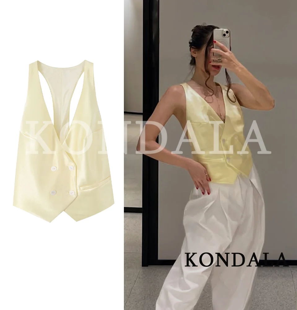 KONDALA Women Holiday Trendy Satin Vest Sleeveless Double Breasted V-Neck Short Lady Top New Fashion 2026 Summer Yellow Vest Top