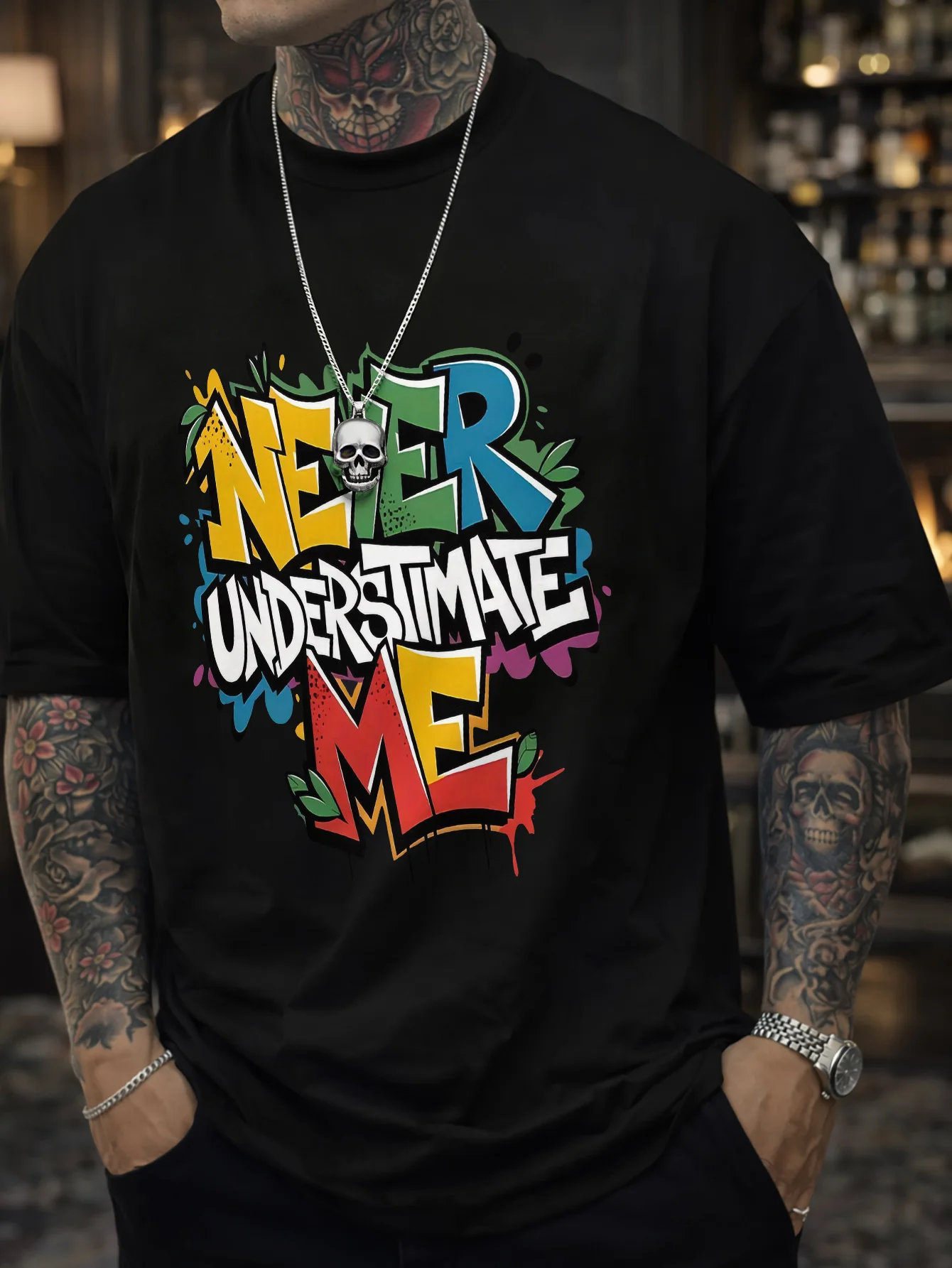 Comfortable | Chic] Comfortable Chic Men'S T-Shirt 'NEVER UNDERESTIMATE ME' Pattern, Crew Neck, Short Sleeve, Allseason, Regular Fit