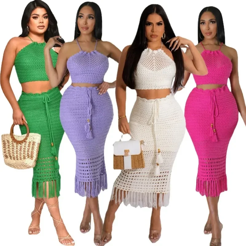 

Summer New Trend Vacation Travel Europe Women's Fringe Fishing Net Knitting Leisure Two-piece Set Skirt Sets