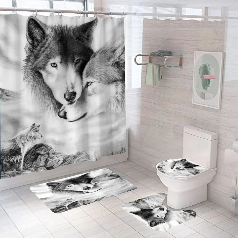 

Wildlife Gray Wolves Shower Curtain Set With Rug Art Black White Wolf Bath Curtains Non-Slip Bathroom Decor Mat Toilet Lid Cover