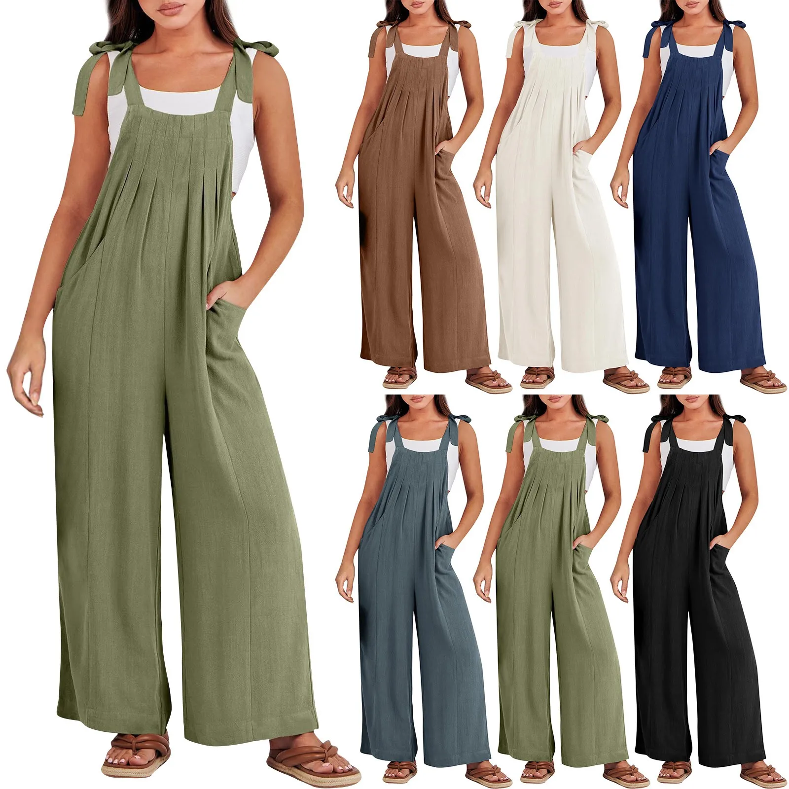 Women's Loose Jumpsuit Casual Loose Sleeveless Adjustable Tie Straps Bib Wide Leg Rompers With Pockets Female Streetwear