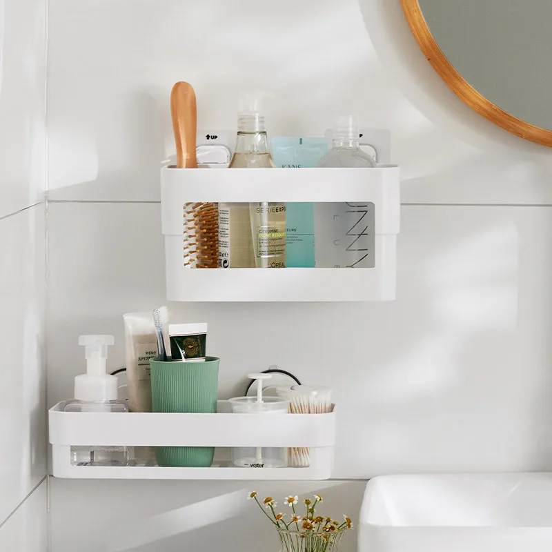 Bathroom Toiletries Storage Rack Punch-Free Wall Mounted Sundries Organization Drain Shelf Kitchen Spices Plastic Storage Holder