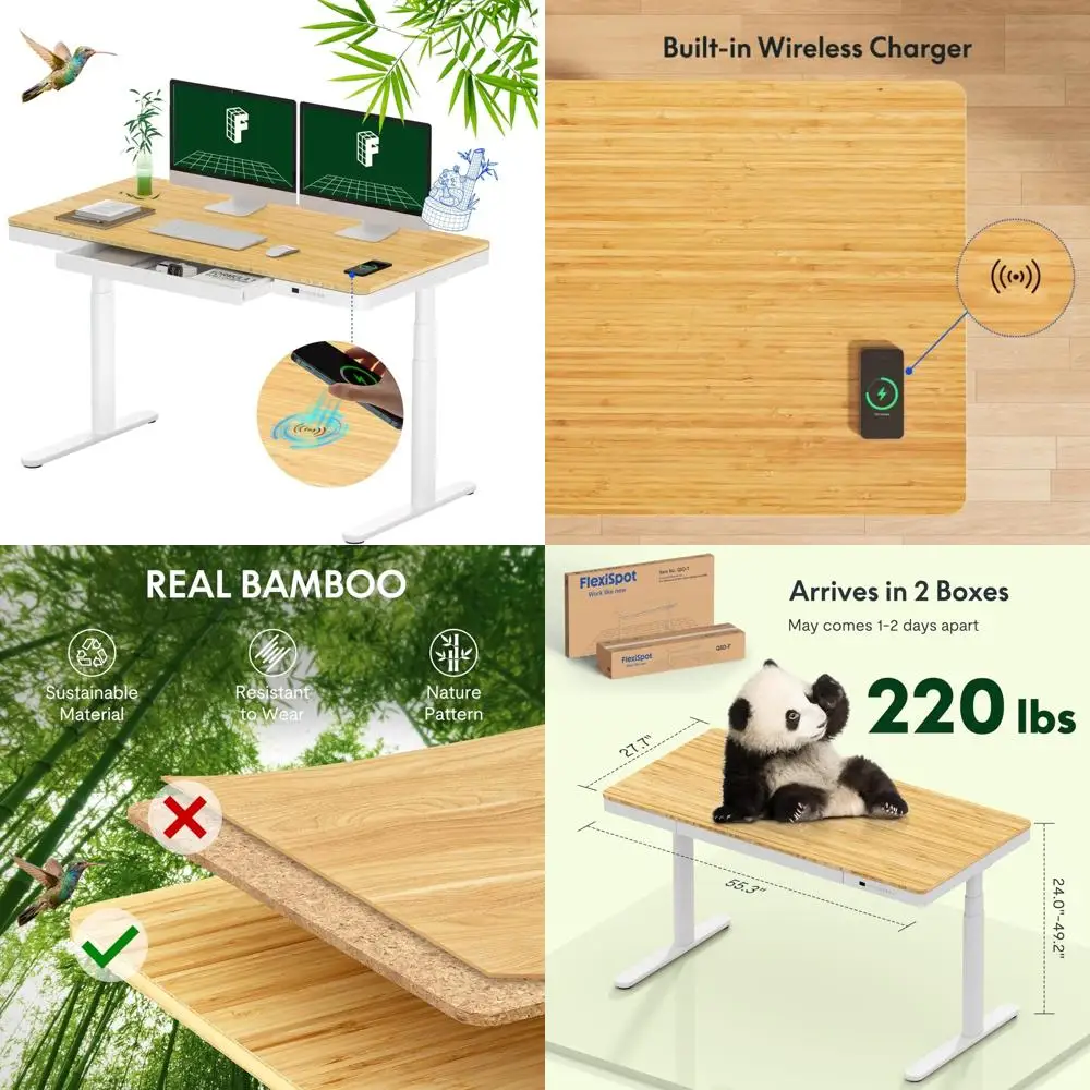 Adjustable Height Bamboo Electric Standing Desk with Dual Motor, 3 Stages, Wireless Charging, Ergonomic Computer Workstation