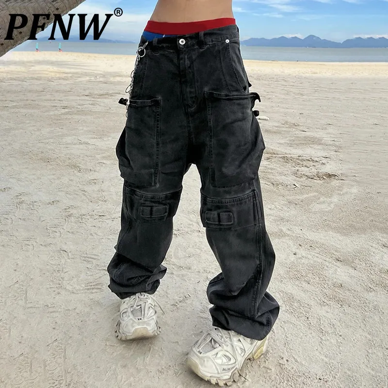 

PFNW Trendy High Street Jeans Men's Multi Pocket Design Spliced Mens Clothing Washed Wide Leg Pants 2024 Autumn Fashion 28W5207