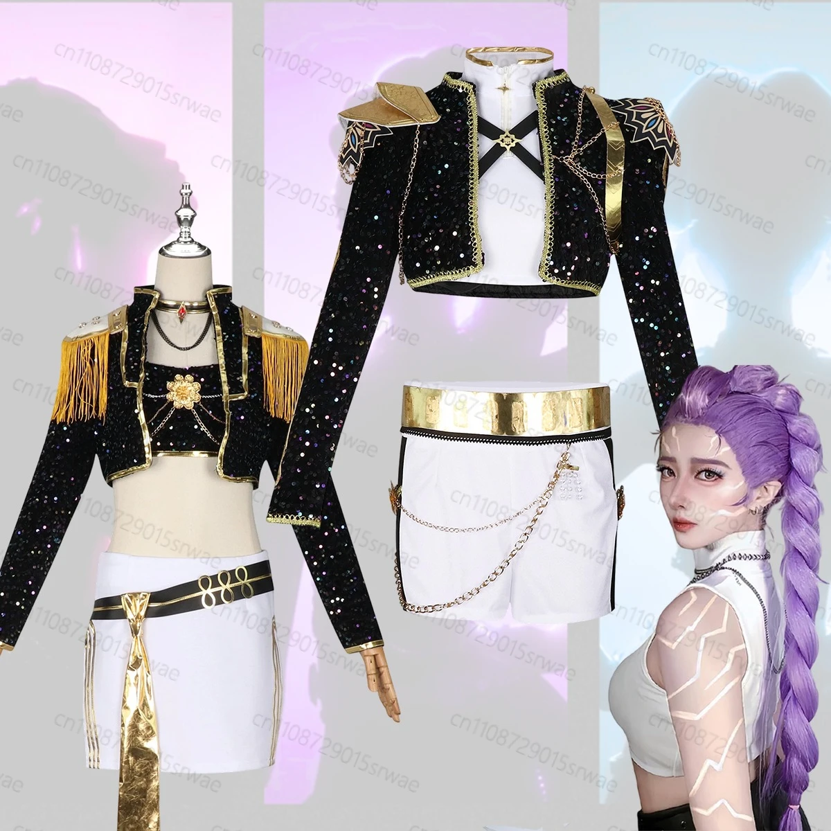 

Adults Kids Kpop Demon Hunters Rumi Mira Cosplay Costume Gothic Uniform Stage Clothing Black Golden set Outfit For Woman Costume