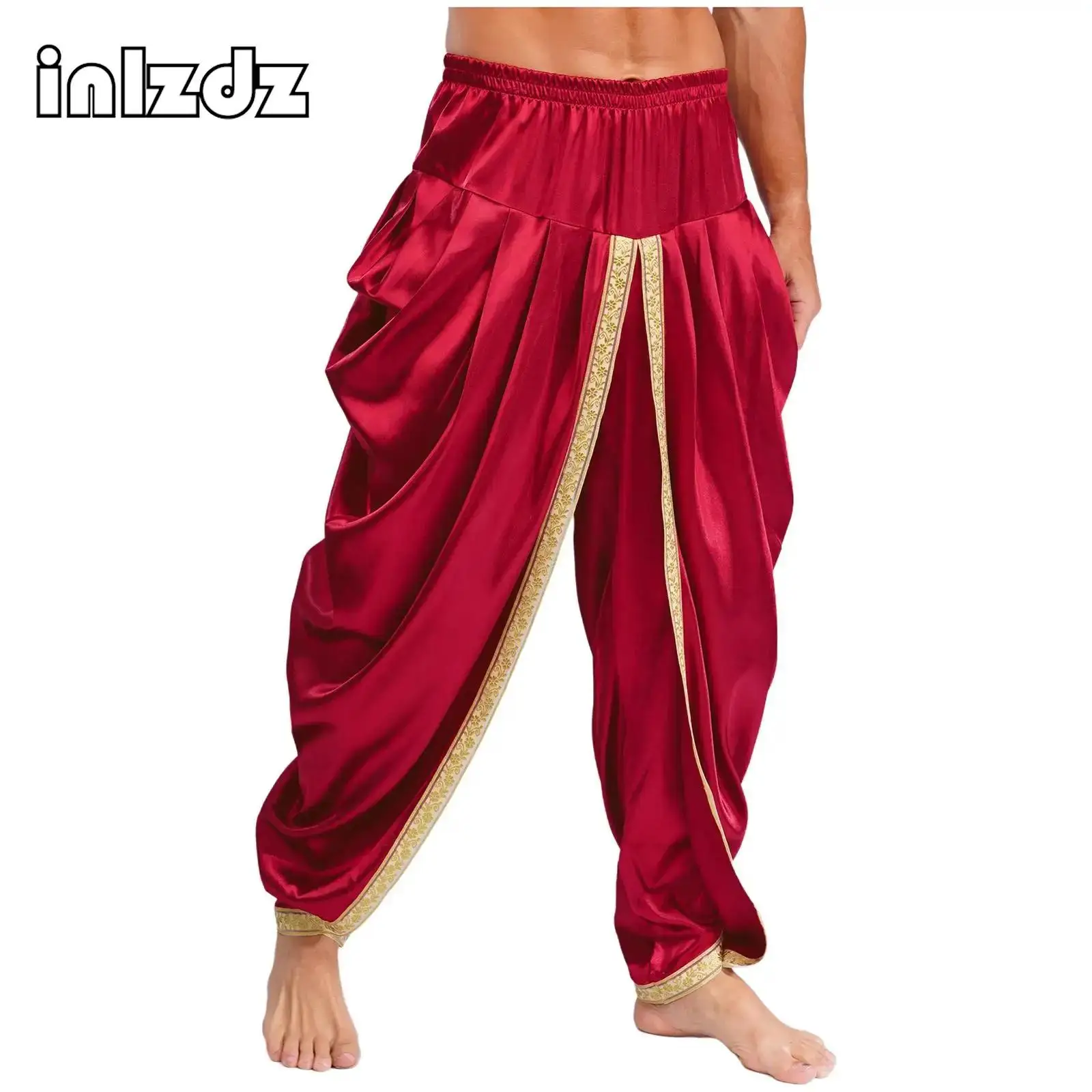 

Men Satin Dhoti Pants Casual Elastic Waistband Draped Baggy Trousers for Vacation Theme Party Cultural Events Festive Occasions