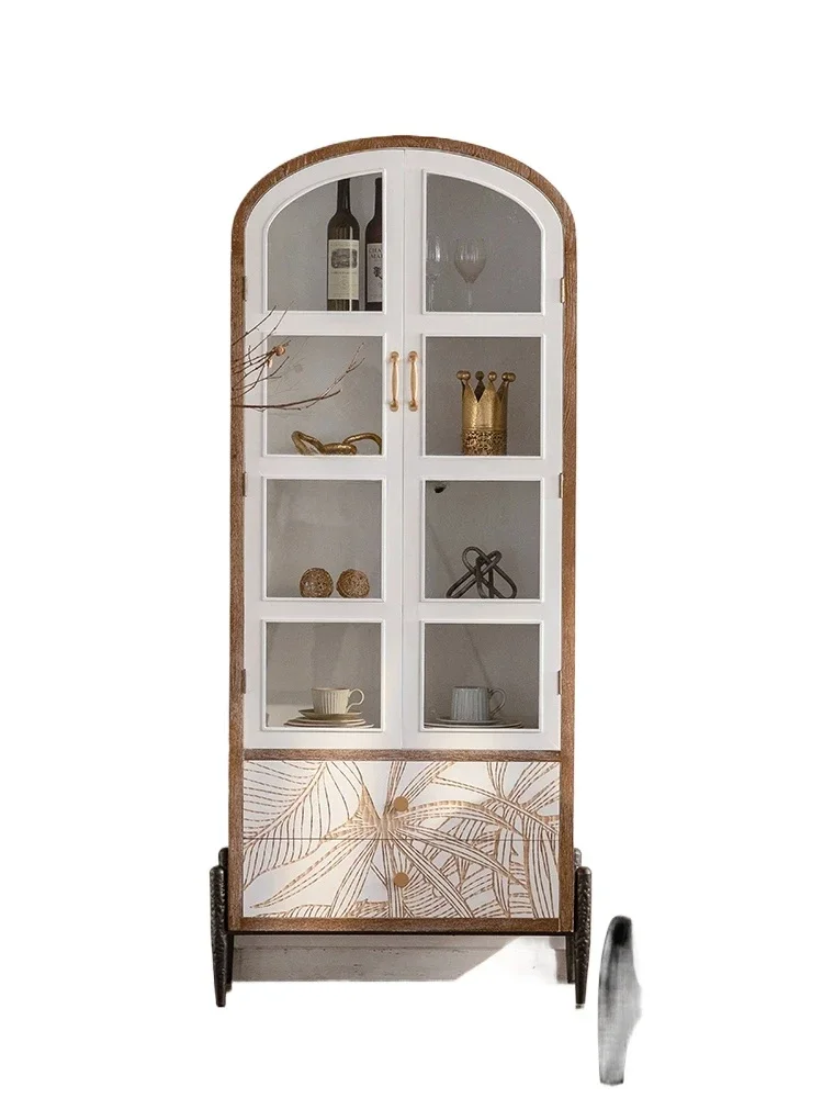 

American Wine Cabinet Display Cabinet Solid Wood Carved Vintage Wall Locker Living Room Bookcase Glass