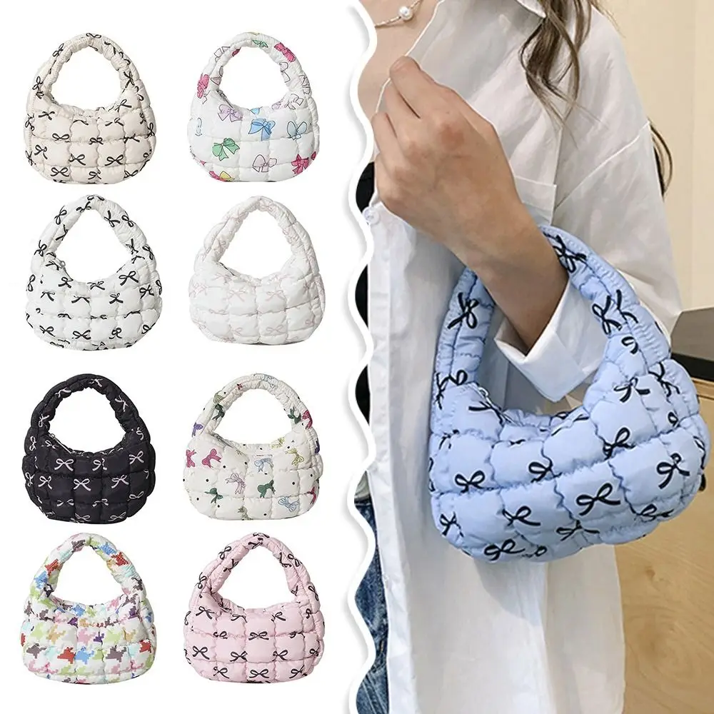 Mini Cloud Pleated Bags for Women Casual Quilted Handbag Korean Bow Printed Padded Handle Bags Soft Puffy Bag Fashion Puffer