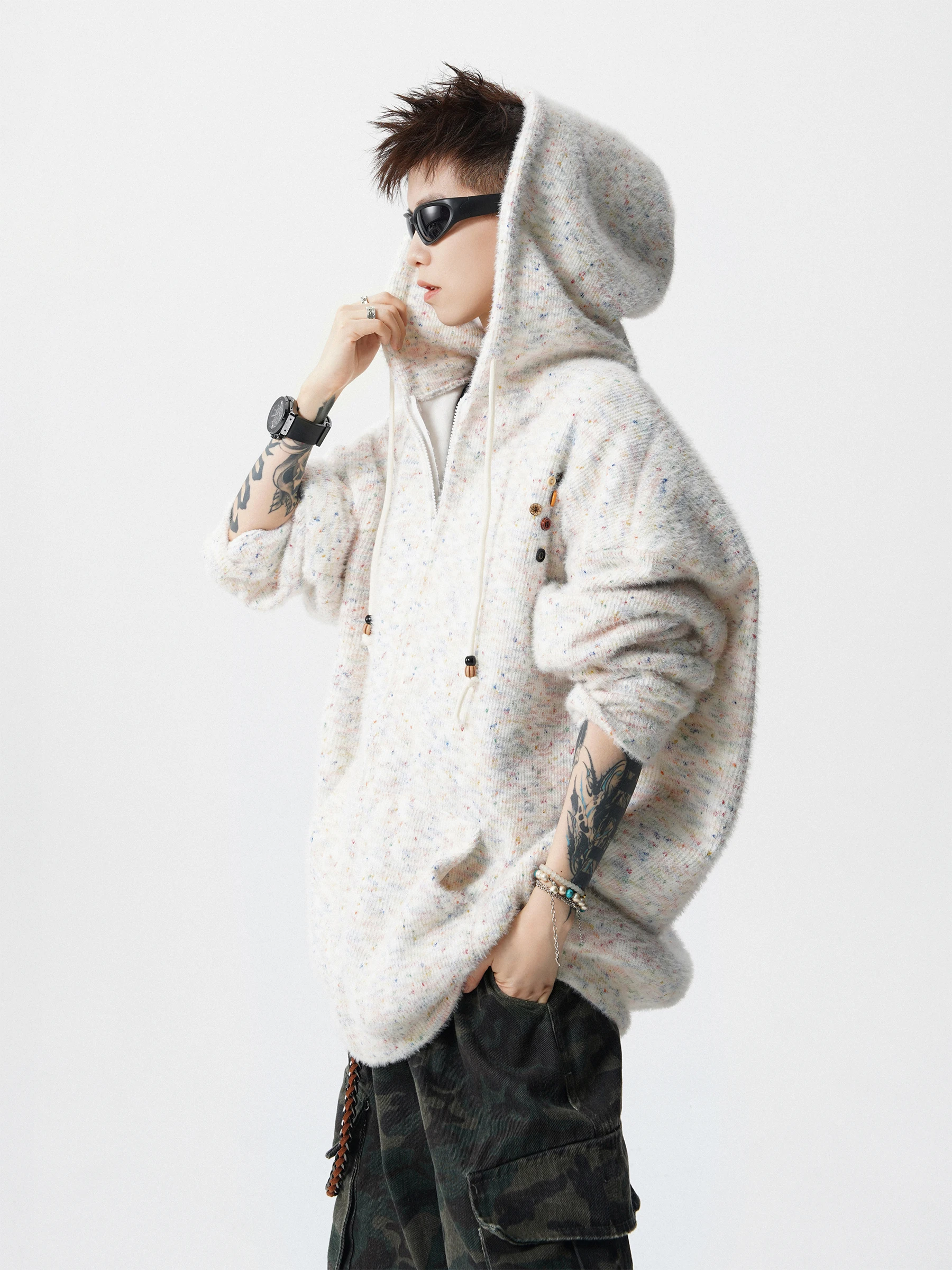 

Laid-ba American Sle Hooded Open Cardigan Sweater Men's Autumn Winter High End Knitted irt Sweatirt Jaet New Model