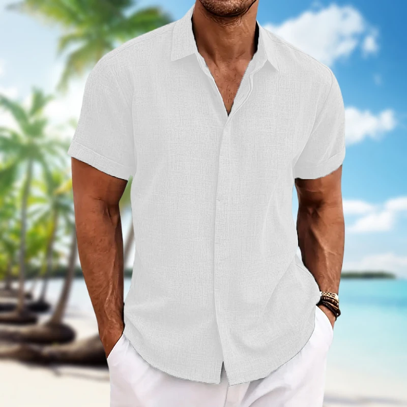 Men's short-sleeved shirt cotton linen lightweight skin-friendly beach top loose casual solid color fashion men's wear