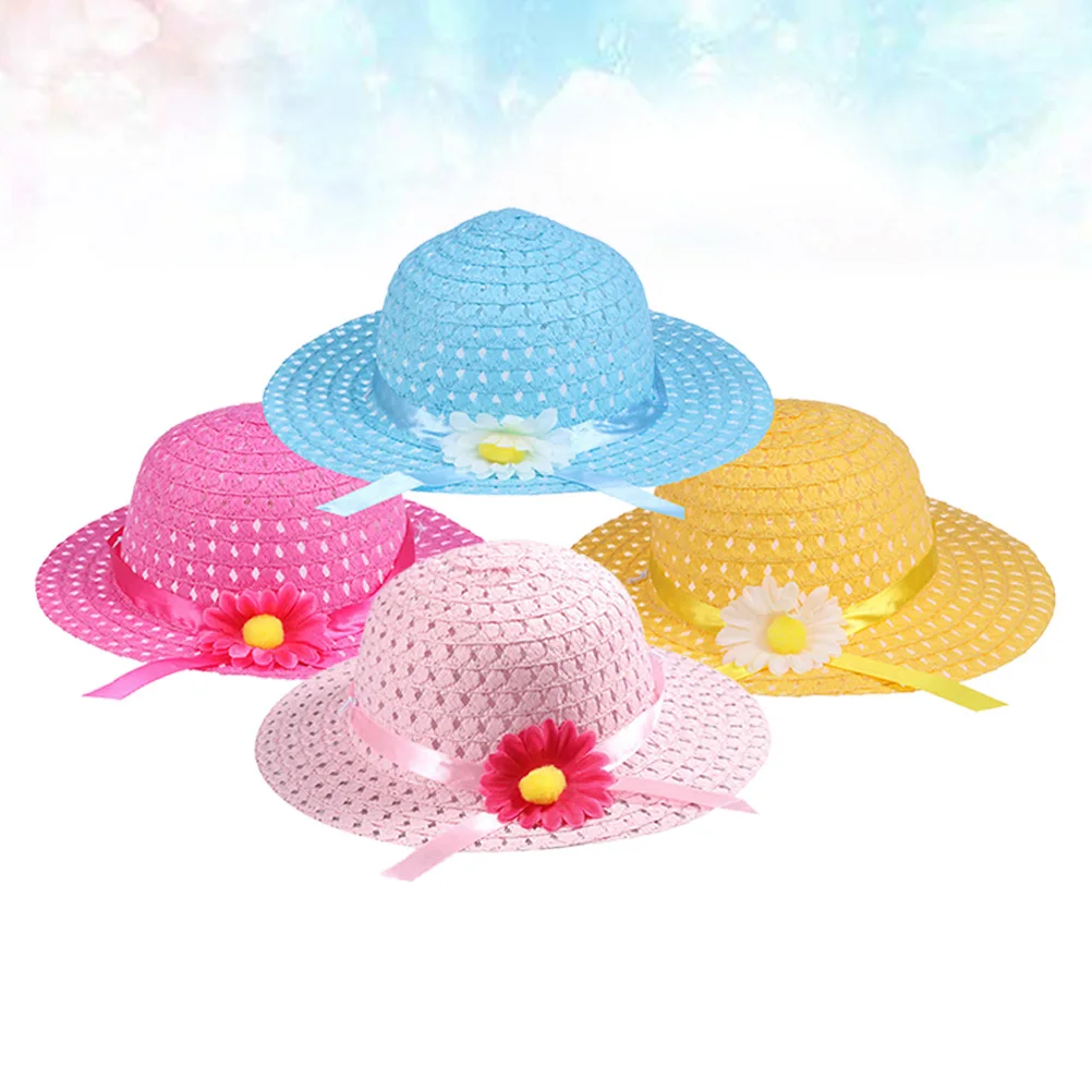 

4Pcs Sun Hat Set Girls Sunflower Straw Kids Summer Hats for 3-7Y Princess Tea Party Gifts Children Accessories