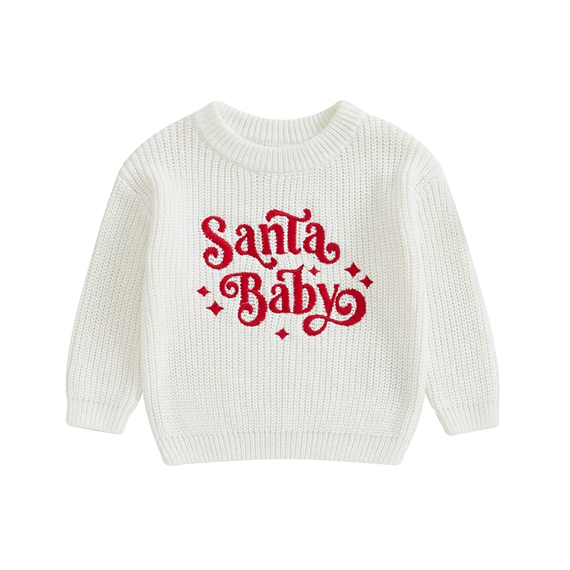 Baby Boy Girl Christmas Sweater Letter Embroidery Long Sleeve Crew Neck Pullover Knit Tops for Fall Winter