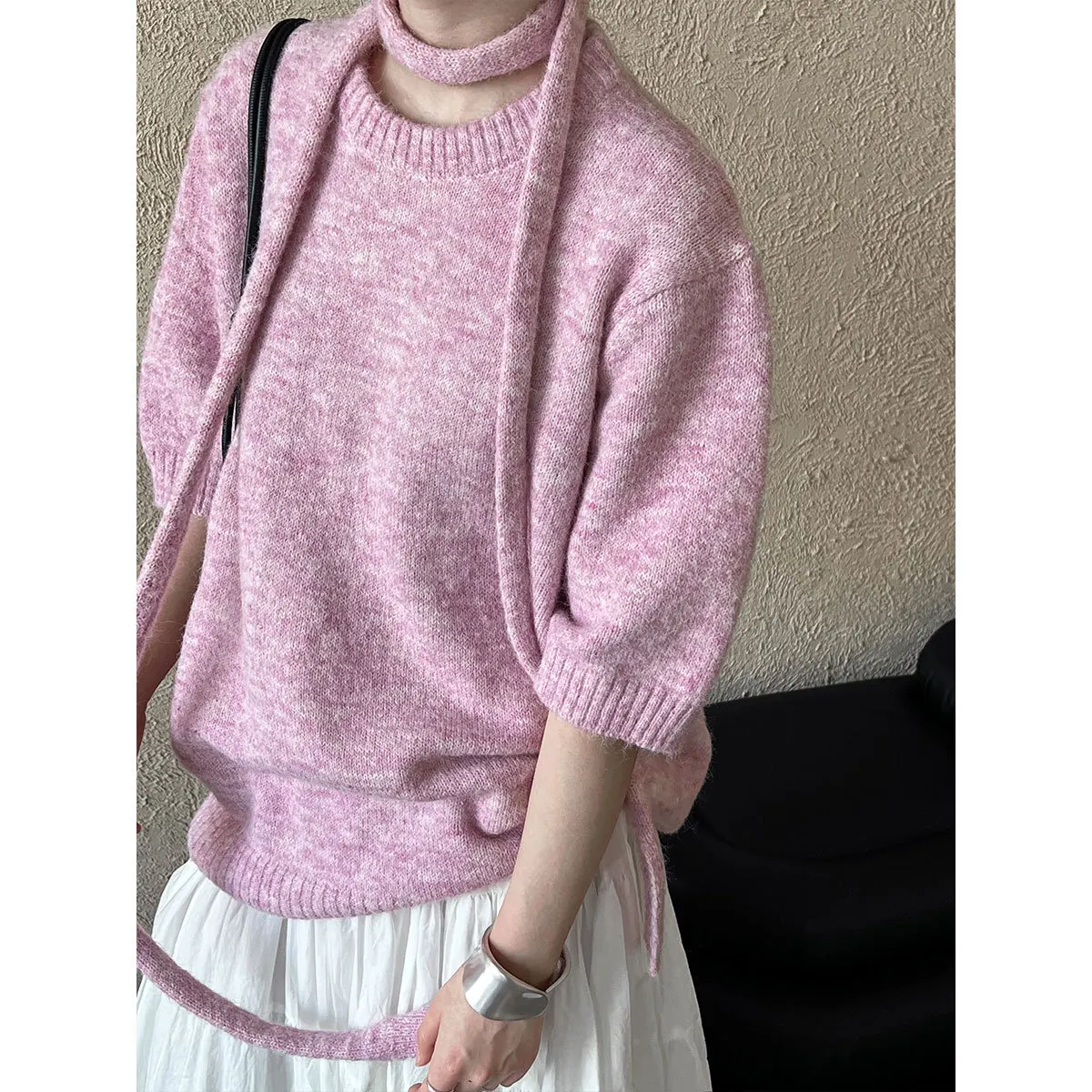 Pink Scarf Ribbon Knit Sweater For Women, 2024 Autumn Half Sleeve Sweater