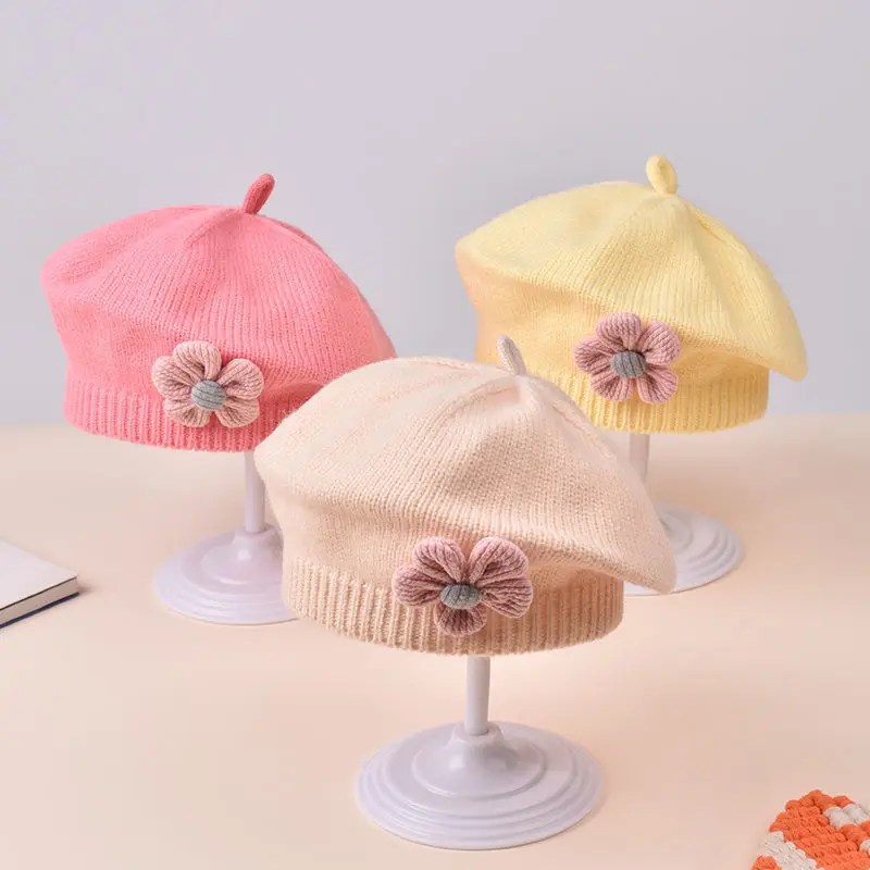 Neonate Autunno Inverno Cappello Fiore carino Berretto Bambino lavorato a maglia Artista Cappello Bambini Berretto di lana per neonato 6-12 mesi Casa all'aperto