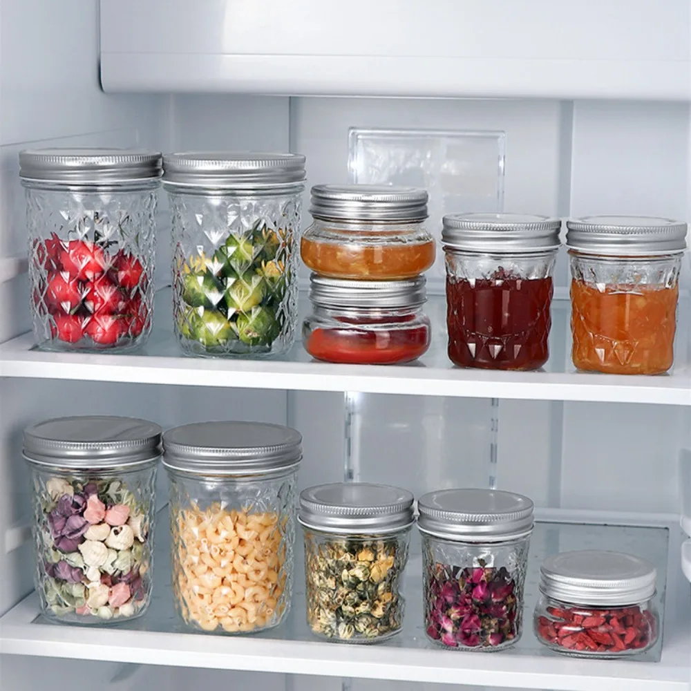 Glass Mason Jar Transparent Labelable Transparent Glass Can 120ml/250ml/280ml/350ml/450ml/650ml Diamond Pattern Split Jar