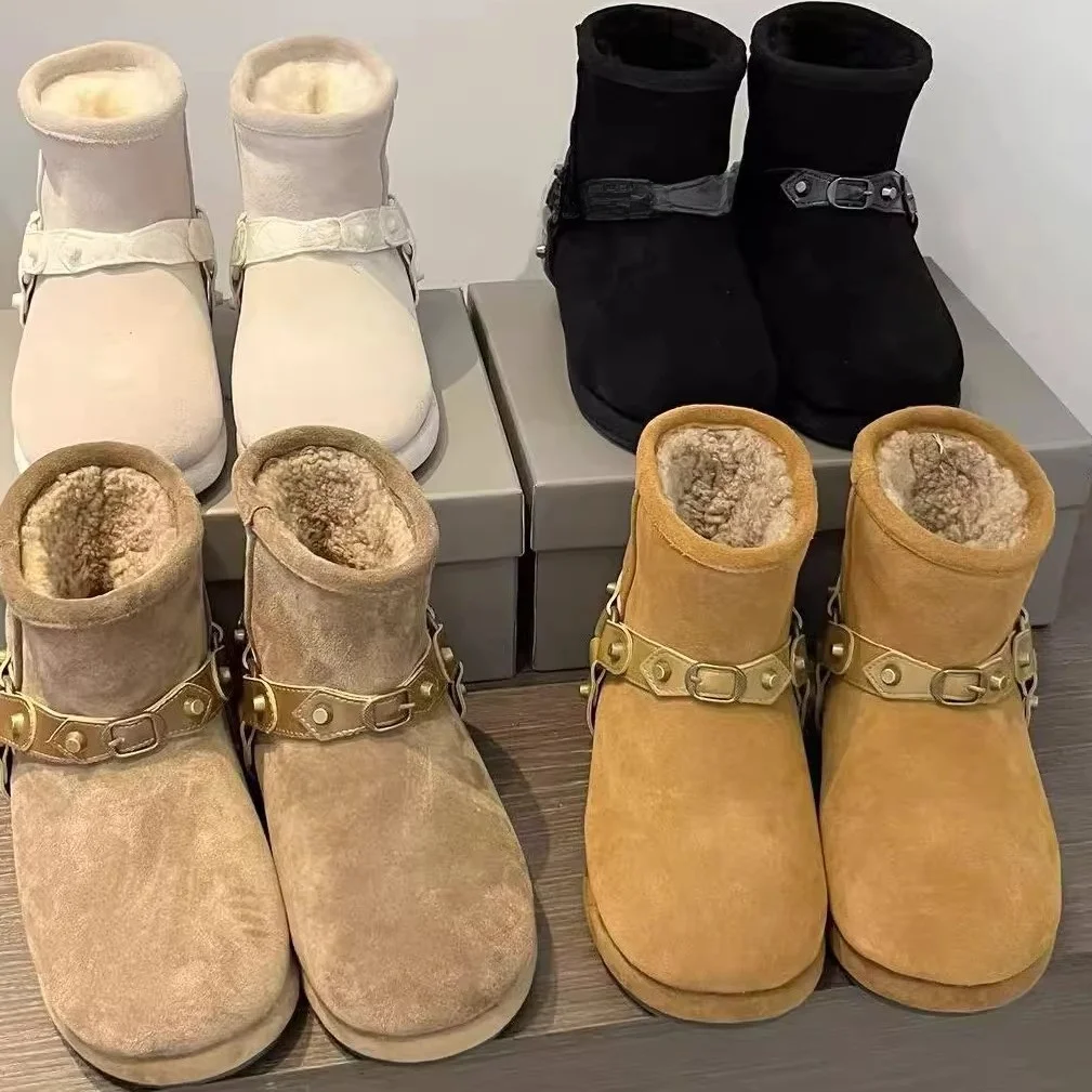 

Warm Faux Fur Lined Short Boots Real Leather Rivet Winter Snow Boots Women Skiing Mid-Calf Fashion Boots Rubber Foam Sole