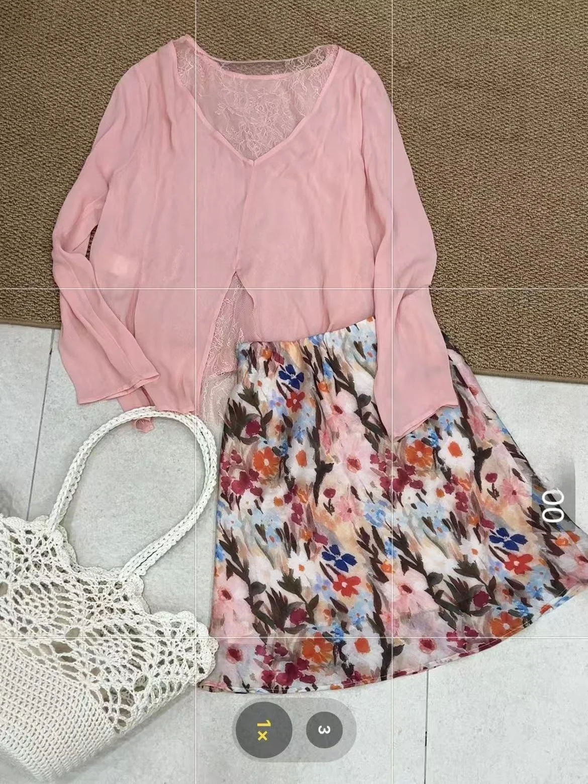 

Summer Atmosphere Silk Two-Piece Set Women's Lace Hem Sun Protection Shirt Oil Painting Flower Midi Skirt Fashionable Ensemble