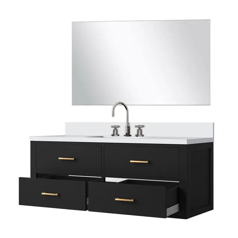 حمام فردي أسود مقاس 48 بوصة مع سطح كوارتز أبيض، ومجموعة مرآة وصنبور مقاس 43 بوصة #4