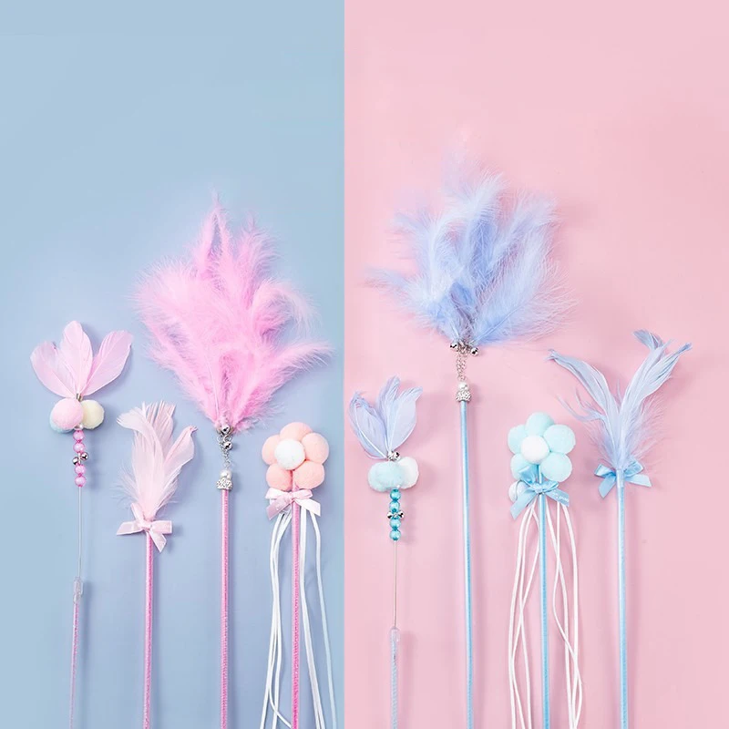 

Simulation Feather Interactive Cat Toy Satin Ribbon Bell Cat Stick Toys Kitten Playing Teaser Wand Supplies Accessories