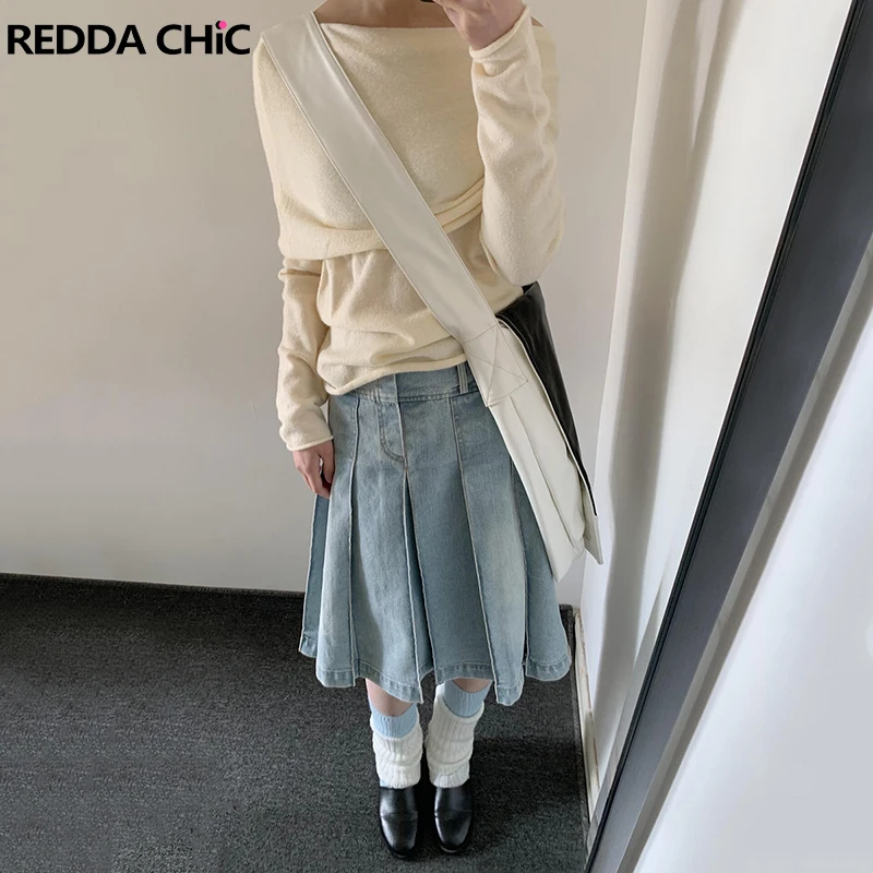 

REDDACHiC Women Knee Long Pleated Skirt Light Wash Blue Zip-up High Waist A-line Solid Casual Midi Denim Skirt Vintage Clothes