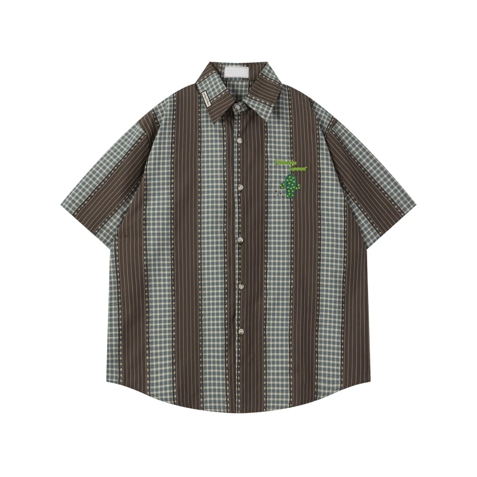 Summer Mens Striped Shirts Hip Hop Patchwork Cactus Embroidery Blouses 2025 Harajuku Streetwear Casual Fashion Loose Shirts