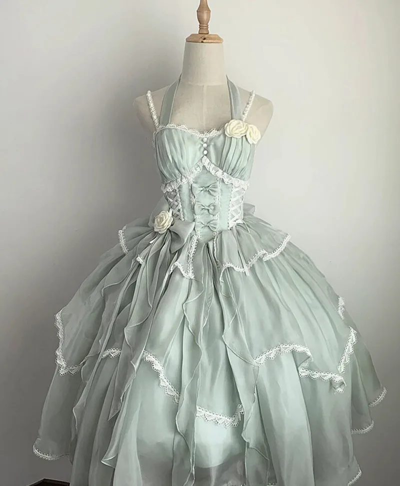 

New Young Grass Color Lolita Bride Jsk Dress White Moonlight Long Skirt Elegant Gorgeous Puffy Princess Dress Party Cosplay