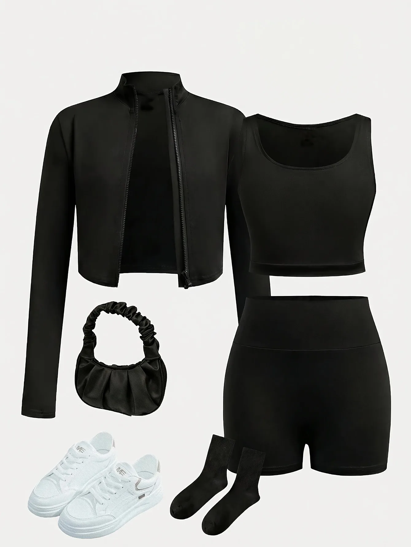 Fashion Girls 3Pcs Active Set Stand Collar Zip Cropped Jacket Sports Tank High Waist Biker Shorts For Workout Dance Tennis Yoga