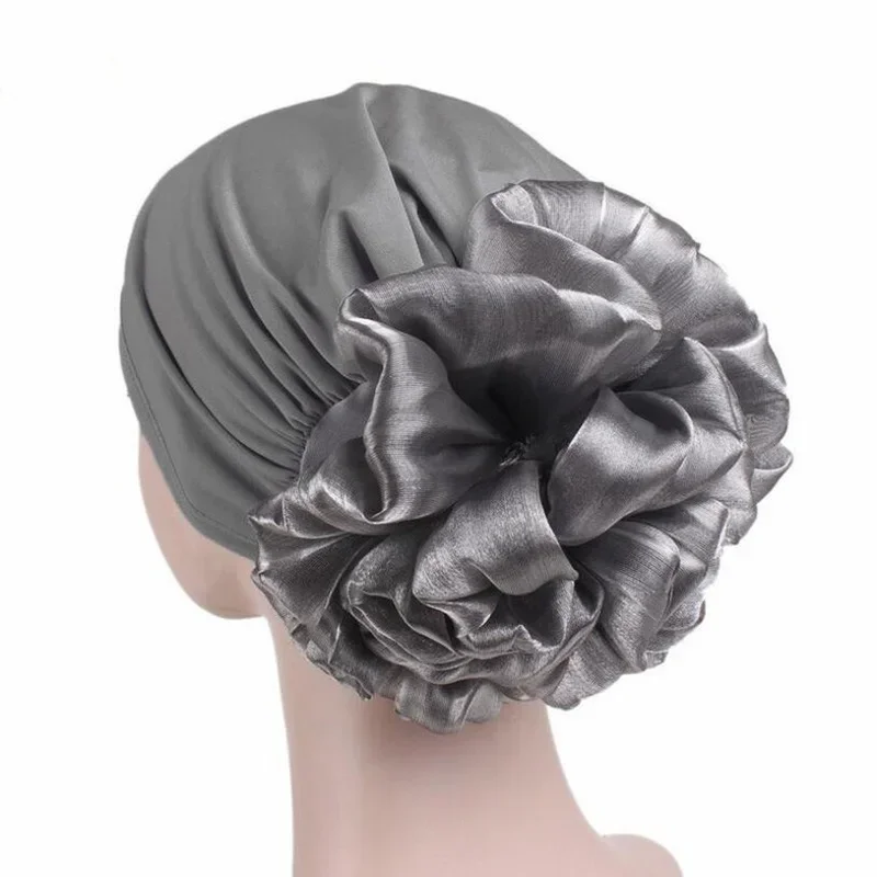 New Woman Big Flower Turban Hair Accessories Elastic Cloth Hair Bands Hat Chemo Beanie Ladies Muslim Solid Hair Loss Scarf Cap