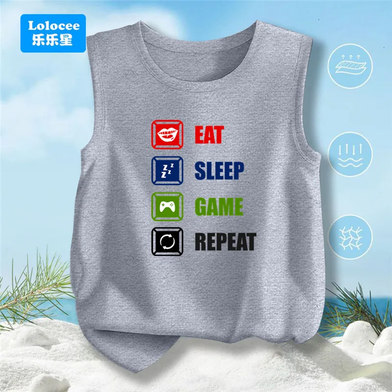

Boys Candy Color Eat Sleep Game Funny Graphic Tank Top Cotton Vest Kids Summer Clothes Children Sleeveless T-Shirt YX02
