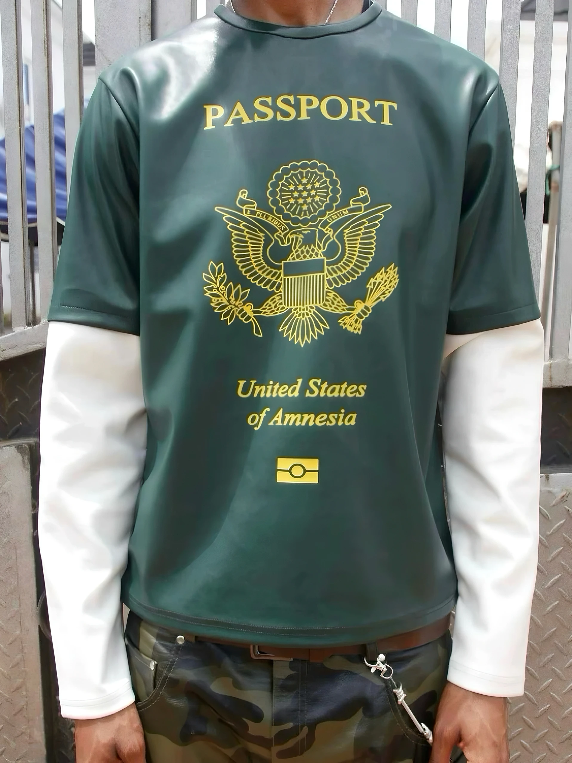 Mowalola Opium Passport Fake Two-Piece PU Leather Long Sleeve Central Cee Men's T-Shirt Creative Fun Print Skin-Friendly Brea...