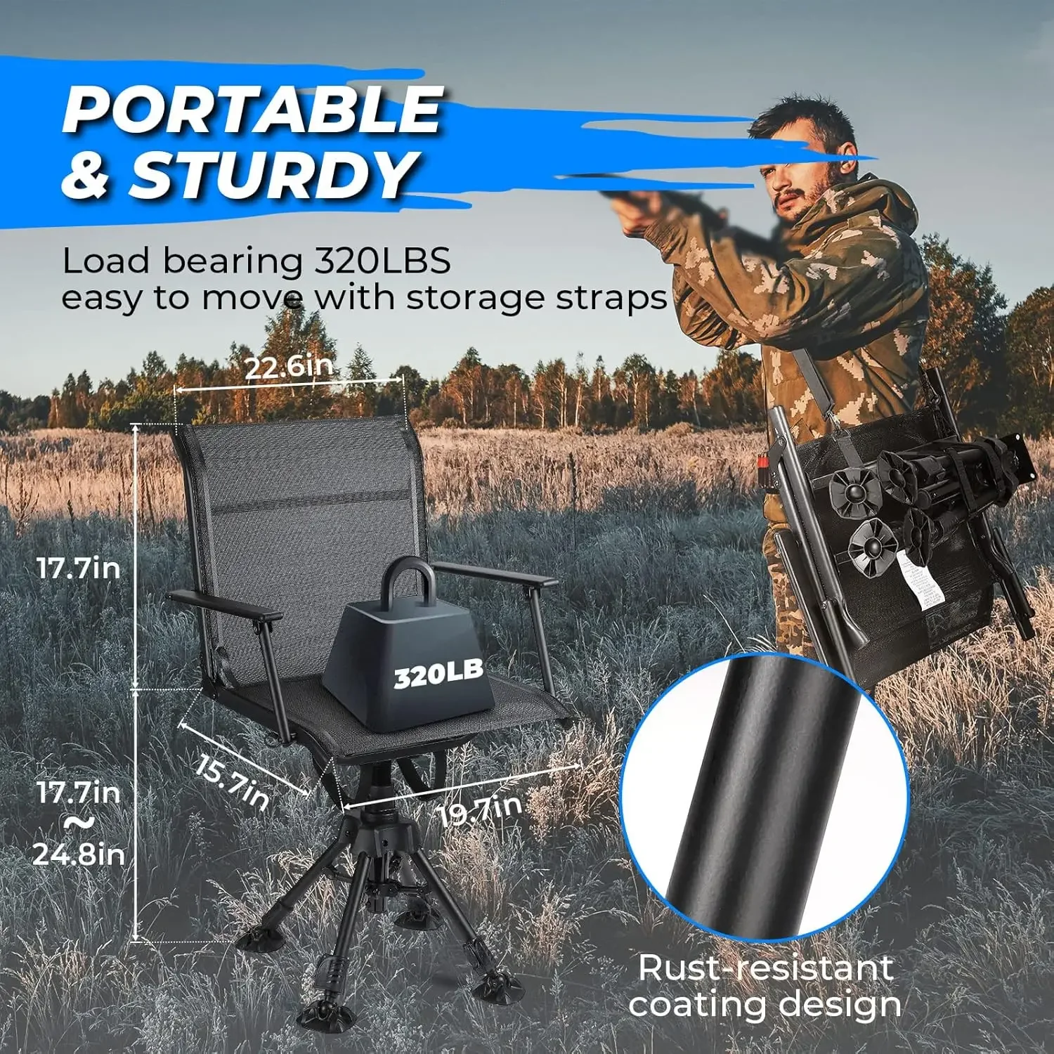 360 Degree Silent Swivel Blind Hunting Chair, Height Adjustable Quick Folding Portable Comfortable Hunting Fishing