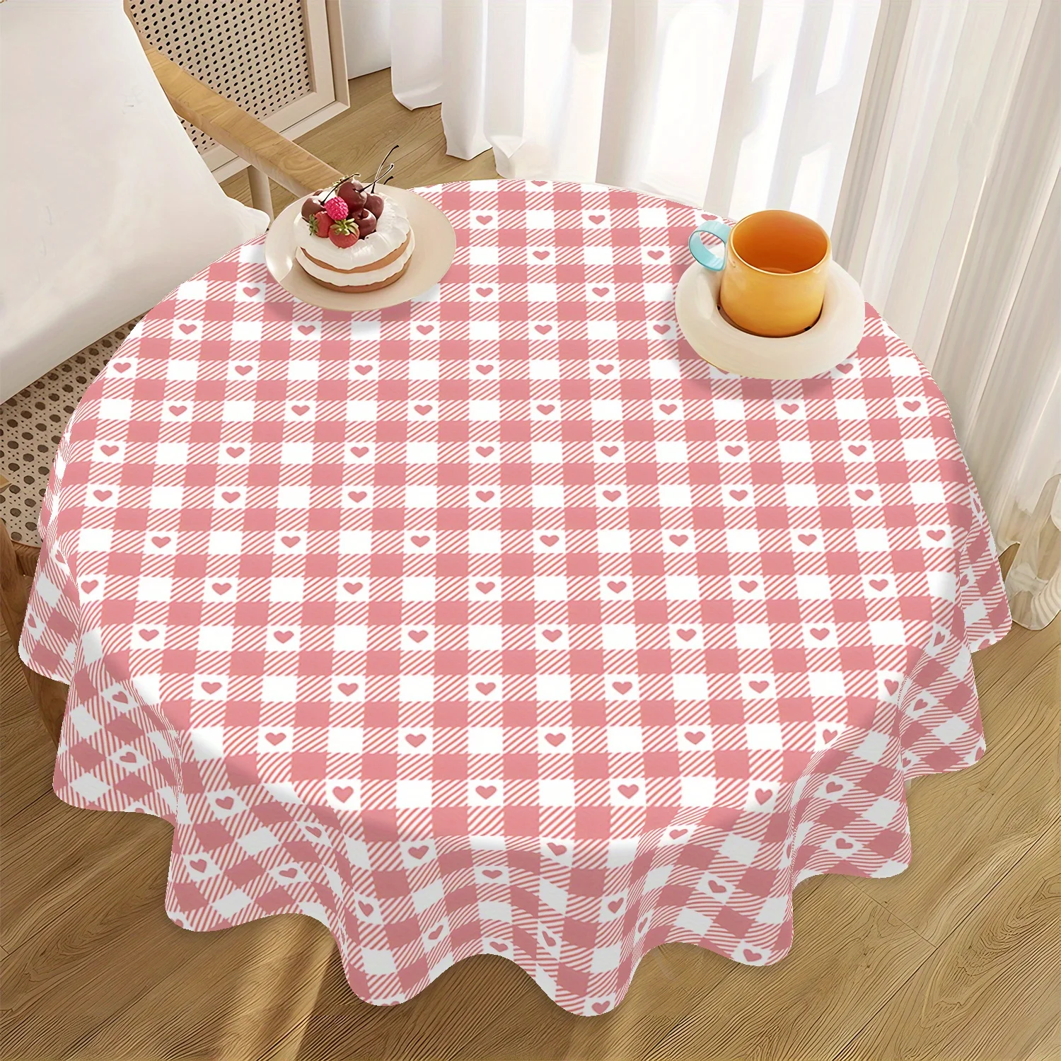 1 lovely love and grid pattern tablecloth, round 100% polyester, machine washable, pink and white plaid
