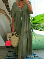 Plus Size 2025 Summer New V-neck Short Sleeve Pleated Solid Colour Loose Casual Midi Dress Basic Hem Pleated