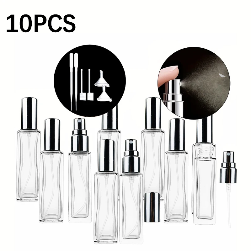 10pcs 10ml transparent square perfume spray bottle, including 10 bottles, 2 sub packaging artifacts, 2 droppers, 2 funnels