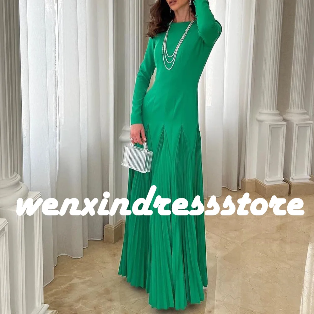 Customized Green Backless Chiffon Long Sleeves Evening Dresses Fashion and Classic Floor Length Pleats  Crew Neck Straight Gowns