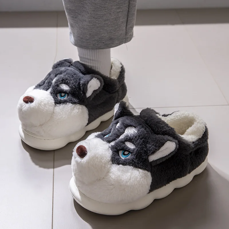 

Winter Sippers Men Fluffy Dog Husky Home Shoes Large Size 46-51 Heel Wrapped Animal Slides Man Funny Furry Loafer Plush Booties