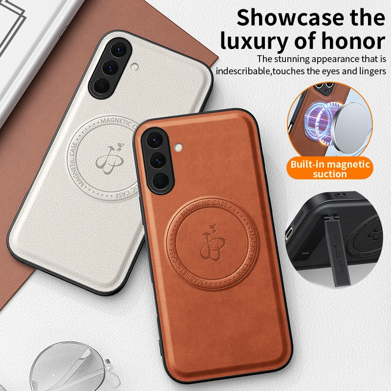 For Samsung Galaxy A27 A23 A22 4G A26 5G Lens Protection Leather Phone Case Holder Magnetic Wireless Charging Soft Cover Cases
