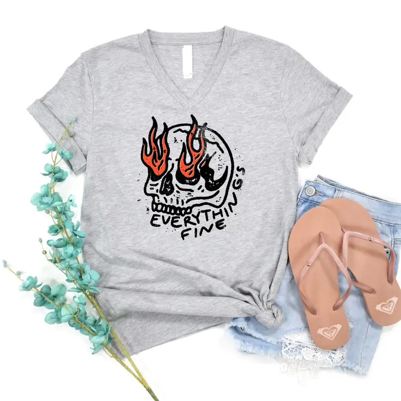 Everything is Fine Skeleton T-shirt, Funny Skeleton Shirt, It's fine I'm fine Everything is fine, Skull Rebel Rock n Roll Grunge