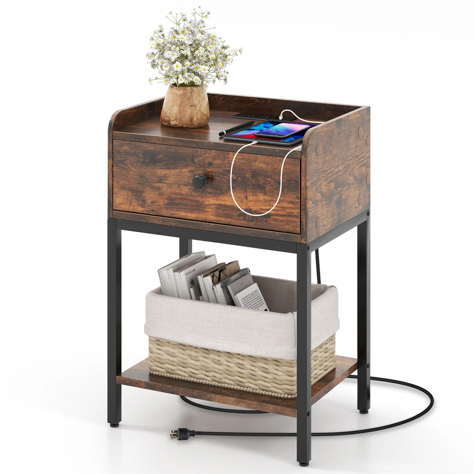 

Nightstand w/ Charging Station USB Ports Storage Drawer Open Shelf Rustic Brown