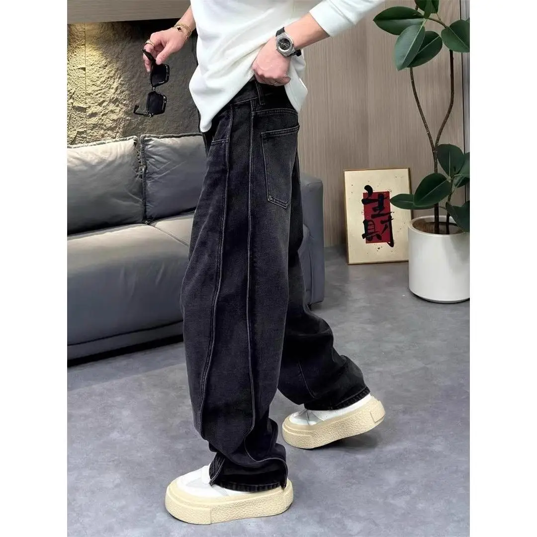 

High-End Men's Wide-Leg Jeans Loose Straight Design Spring Autumn Winter Casual Cotton Stretch Denim Youth Faion