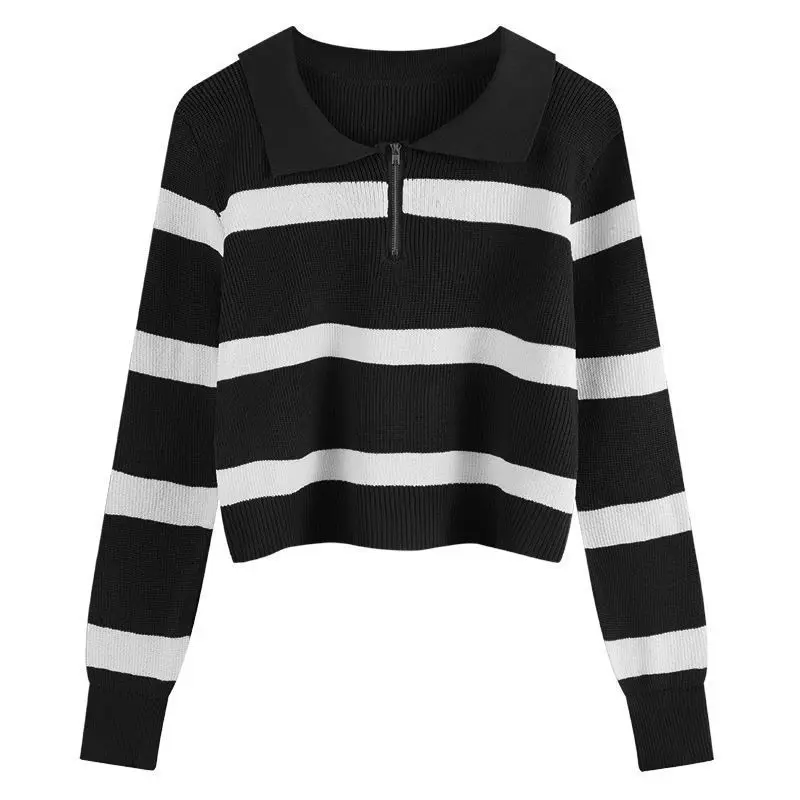 Women Clothing Loose Vintage Polo Collar Striped Sweaters Spring Autumn Fashion Korean Version Zipper Knit Pullovers Casual Tops