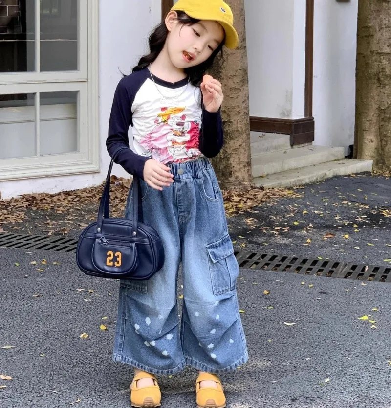 2025 Autumn New Children Clothing Girls Cartoon Fashionable Long Sleeved Base Shirt Polka Dot Denim Work Pants Two-piece Set