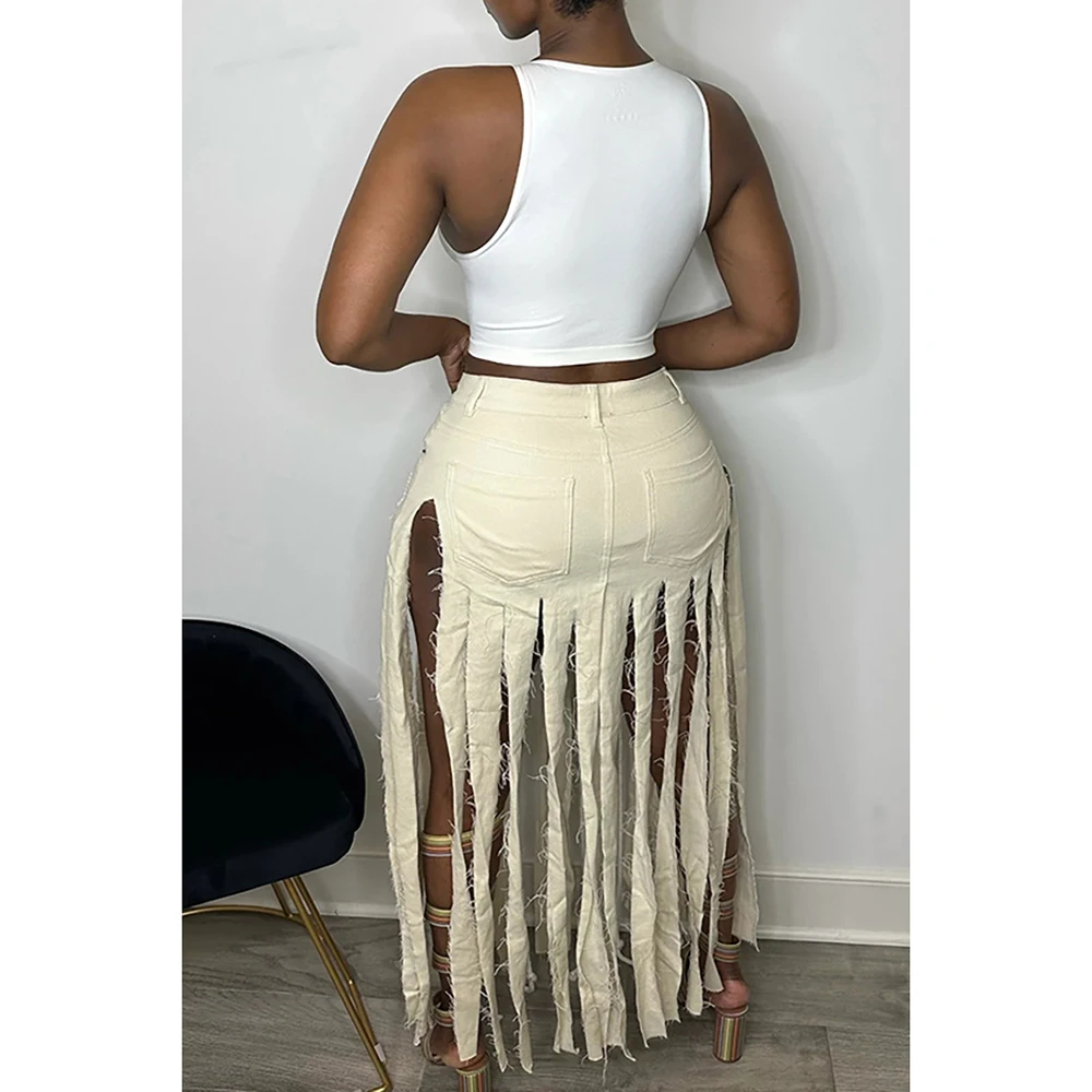 Plus Size Apricot Casual Hollow Fringed Skirts