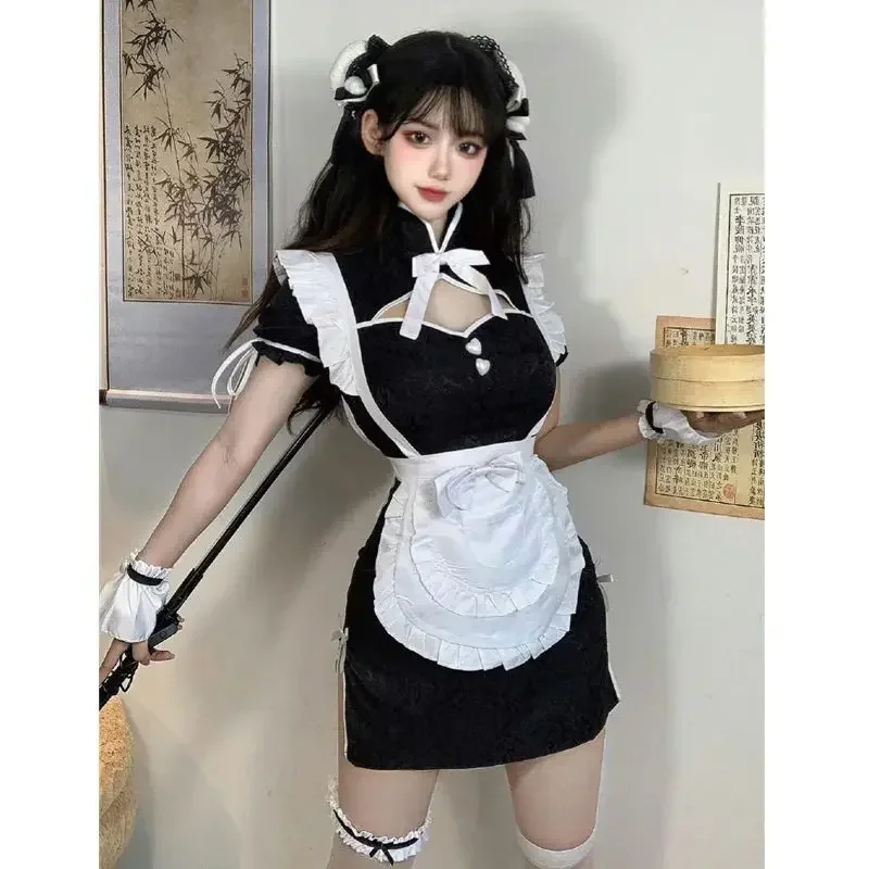 Anime Girls Cute Chinese Maid Qipao Cosplay Costume Lolita Hight Slit Cheongsam Dress Hollow Out Nightdress Pajamas Dropship