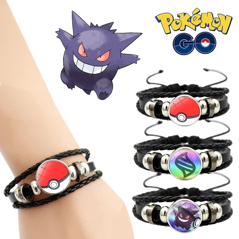 

Pokemon Gengar Monster Ball Mega Stone Leather Bracelet Cospaly 18cm Glass Cabochon Wristband Kid Adjustable Bangle Jewerly Gift