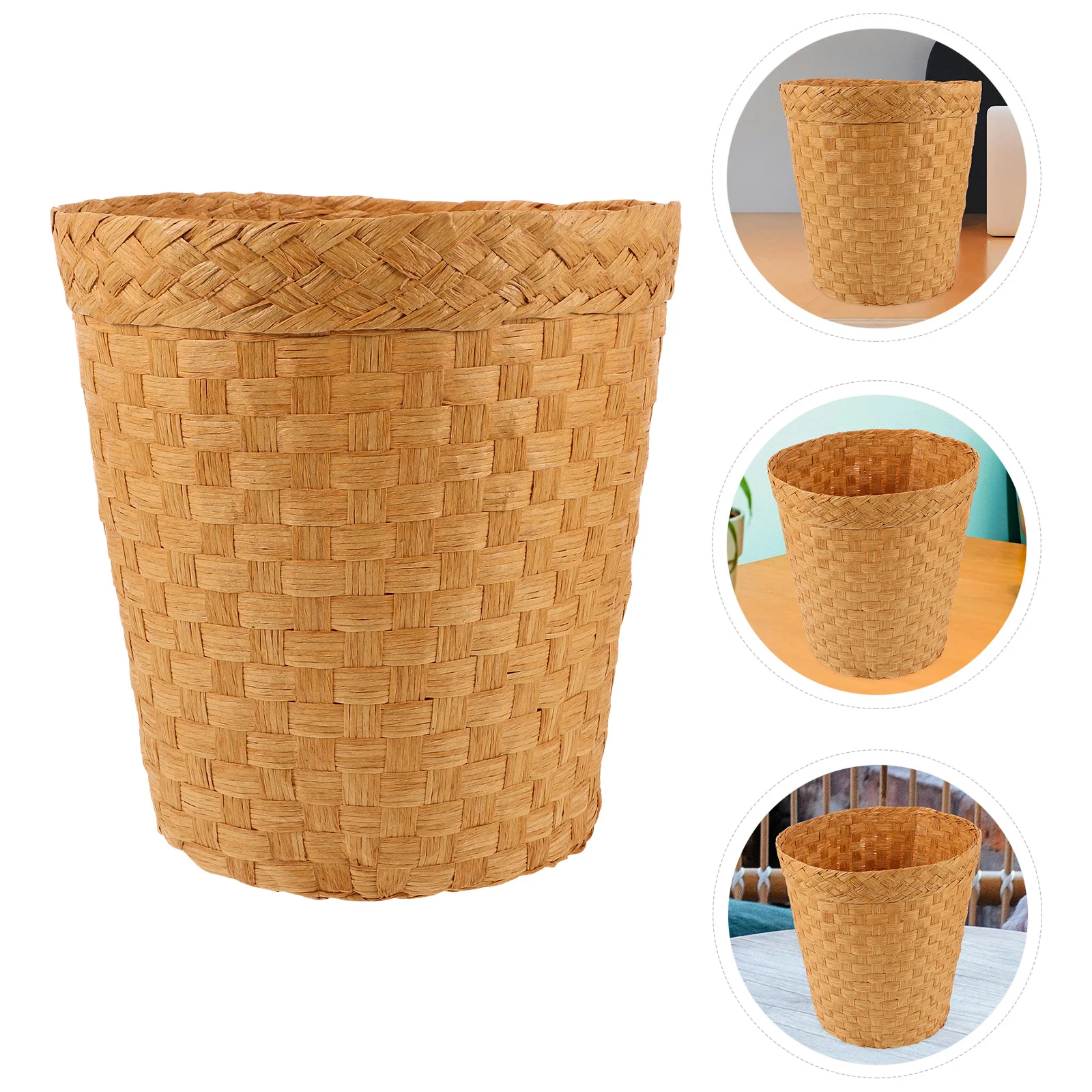 Rattan Handwoven Trash Can Sundries Basket Storage Weaving Wastebaskets Office with Lid Bamboo Bins Wicker Garbage