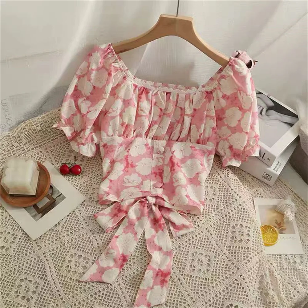 2024 New Summer Sweet Korean Flower Printing Casual Lace  Slash Neck Women\'s Blouse And Shirts Puff Sleeves Crop Top Bow Elastic