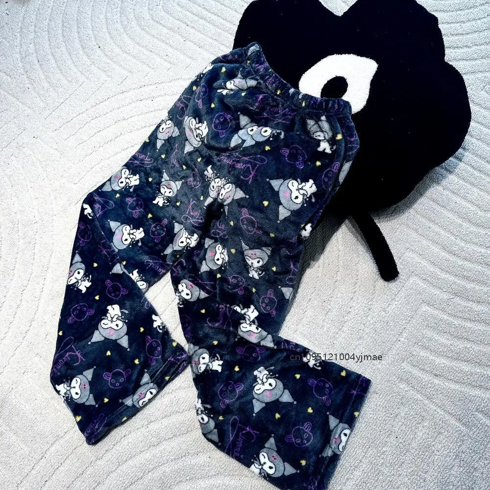 Piyama flanel Sanrio Hello Kitty Kuromi baru 2025 celana hangat bulu domba kasual musim dingin wanita celana pakaian rumah santai hadiah anak perempuan