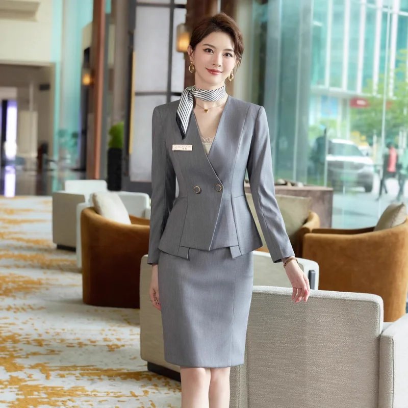 Blue Professional Suit Set for Women, Spring and Autumn Season, Elegant High-end Hotel Front Desk Reception Uniform, Beauty Salo