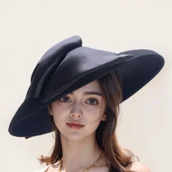 Lawliet Women's Wool Felt Wide Brim Hatinator Headwear with Huge Silk Bow Wedding Occasion Hat T518